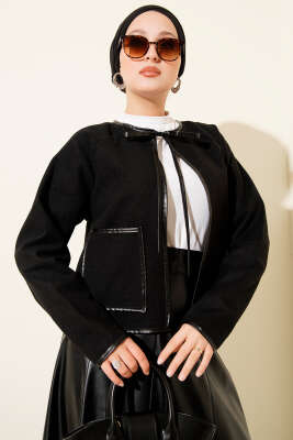 Deri Biyeli Kaşe Kısa Ceket Siyah - Thumbnail