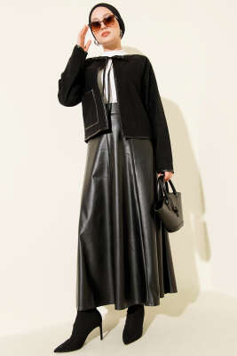 Deri Biyeli Kaşe Kısa Ceket Siyah - Thumbnail