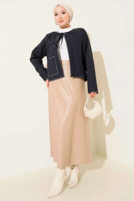 Deri Biyeli Kaşe Kısa Ceket Lacivert - Thumbnail