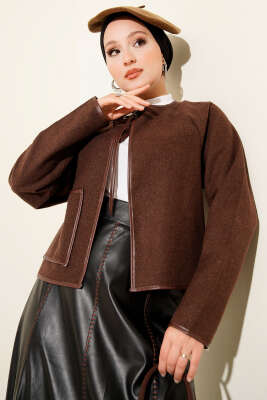 Deri Biyeli Kaşe Kısa Ceket Kahve - Thumbnail