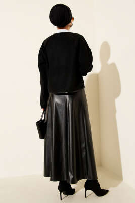 Deri Biyeli Kaşe Kısa Ceket Siyah - Thumbnail