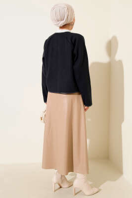 Deri Biyeli Kaşe Kısa Ceket Lacivert - Thumbnail