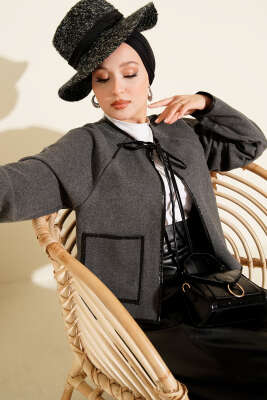 Deri Biyeli Kaşe Kısa Ceket Füme - Thumbnail