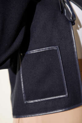 Deri Biyeli Kaşe Kısa Ceket Lacivert - Thumbnail