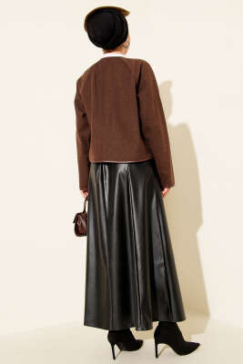 Deri Biyeli Kaşe Kısa Ceket Kahve - Thumbnail