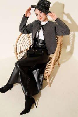 Deri Biyeli Kaşe Kısa Ceket Füme - Thumbnail