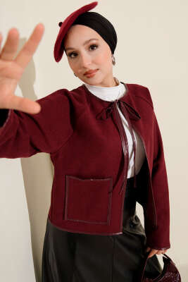 Pazarium - Deri Biyeli Kaşe Kısa Ceket Bordo