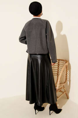 Deri Biyeli Kaşe Kısa Ceket Füme - Thumbnail