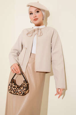 Deri Biyeli Kaşe Kısa Ceket Bej - Thumbnail