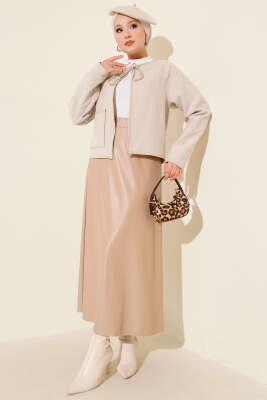 Deri Biyeli Kaşe Kısa Ceket Bej - Thumbnail