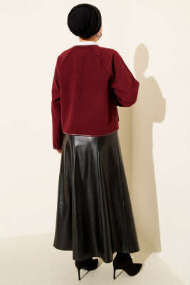 Deri Biyeli Kaşe Kısa Ceket Bordo - Thumbnail