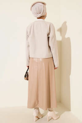 Deri Biyeli Kaşe Kısa Ceket Bej - Thumbnail