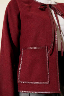 Deri Biyeli Kaşe Kısa Ceket Bordo - Thumbnail