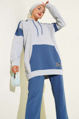 Pazarium - Armalı İki İpli Kapşonlu İkili Takım İndigo