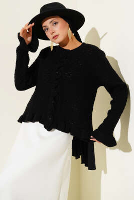 Fırfırlı Düğmeli Kısa Triko Hırka Siyah - Thumbnail