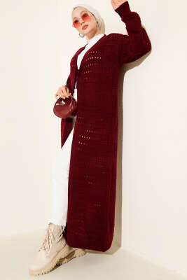 Pazarium - Bağcık Detaylı Uzun Triko Hırka Bordo