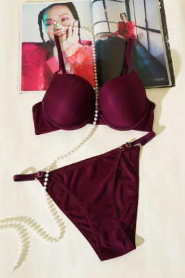 Pazarium - Double Push Up Fitilli Sütyen Takım Mürdüm