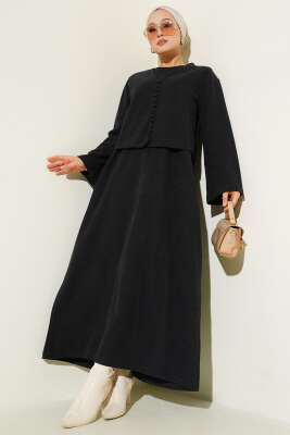 Pazarium - Önü Mini Düğmeli Elbise İkili Takım Antrasit