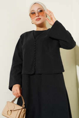 Önü Mini Düğmeli Elbise İkili Takım Antrasit - Thumbnail