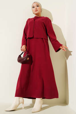 Pazarium - Önü Mini Düğmeli Elbise İkili Takım Bordo