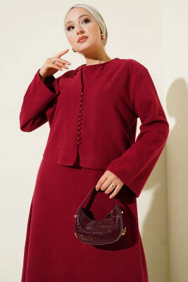 Önü Mini Düğmeli Elbise İkili Takım Bordo - Thumbnail