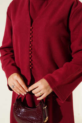 Önü Mini Düğmeli Elbise İkili Takım Bordo - Thumbnail