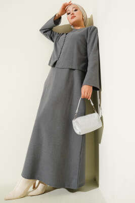 Önü Mini Düğmeli Elbise İkili Takım Füme - Thumbnail