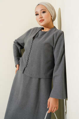 Önü Mini Düğmeli Elbise İkili Takım Füme - Thumbnail