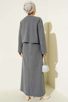 Önü Mini Düğmeli Elbise İkili Takım Füme - Thumbnail