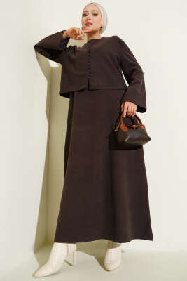 Pazarium - Önü Mini Düğmeli Elbise İkili Takım Kahve