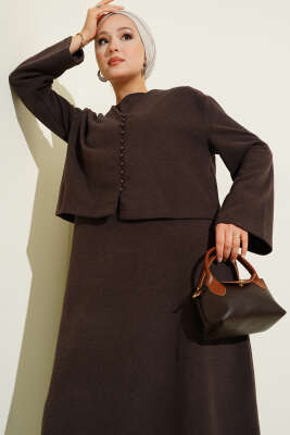 Önü Mini Düğmeli Elbise İkili Takım Kahve - Thumbnail