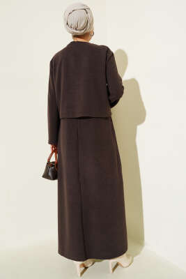 Önü Mini Düğmeli Elbise İkili Takım Kahve - Thumbnail