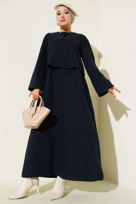 Pazarium - Önü Mini Düğmeli Elbise İkili Takım Lacivert