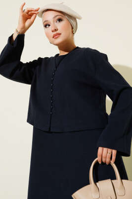 Önü Mini Düğmeli Elbise İkili Takım Lacivert - Thumbnail