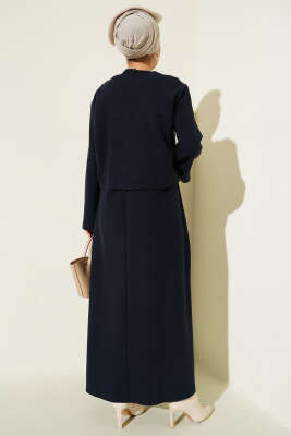 Önü Mini Düğmeli Elbise İkili Takım Lacivert - Thumbnail