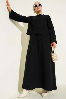 Pazarium - Önü Mini Düğmeli Elbise İkili Takım Siyah