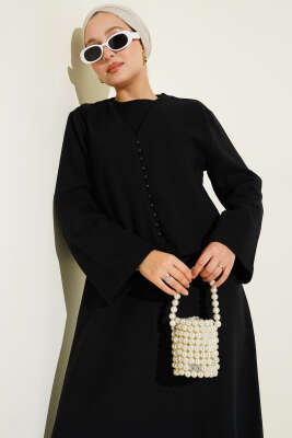 Önü Mini Düğmeli Elbise İkili Takım Siyah - Thumbnail