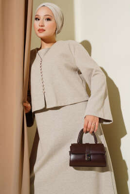 Pazarium - Önü Mini Düğmeli Elbise İkili Takım Taş