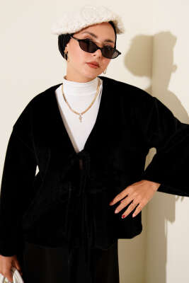 Basic İp Detaylı Sakallı Ceket Siyah - Thumbnail