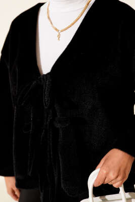 Basic İp Detaylı Sakallı Ceket Siyah - Thumbnail