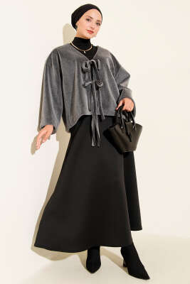 Basic İp Detaylı Sakallı Ceket Gri - Thumbnail