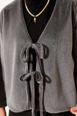 Basic İp Detaylı Sakallı Ceket Gri - Thumbnail