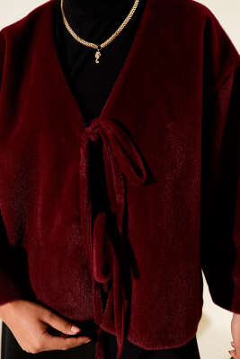 Basic İp Detaylı Sakallı Ceket Bordo - Thumbnail