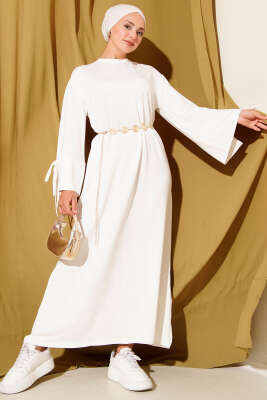 Kol Ucu Bağcık Detaylı Elbise Ekru - Thumbnail