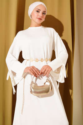 Kol Ucu Bağcık Detaylı Elbise Ekru - Thumbnail