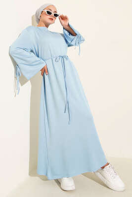 Kol Ucu Bağcık Detaylı Elbise Mavi - Thumbnail