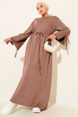 Pazarium - Kol Ucu Bağcık Detaylı Elbise Vizon