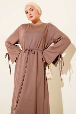 Kol Ucu Bağcık Detaylı Elbise Vizon - Thumbnail