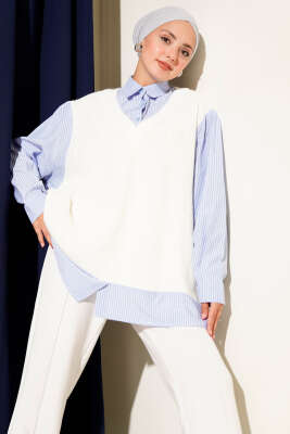 Pazarium - Gömlek Yaka Çizgili Triko Tunik Ekru