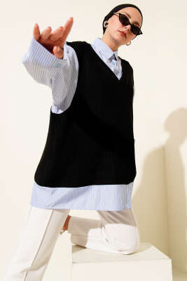 Pazarium - Gömlek Yaka Çizgili Triko Tunik Siyah